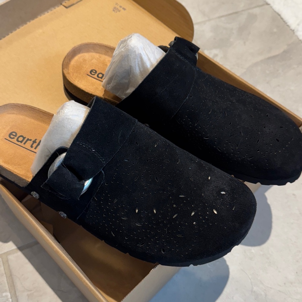 Earth Black Suede Clogs with Buckle
